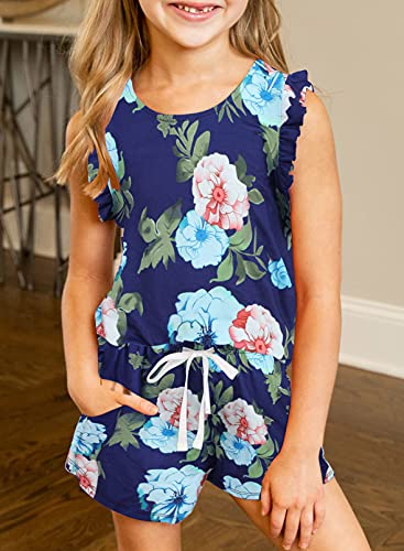 Dokotoo Girls Summer Casual Cute T-Shirt Shorts Outfits Set Short Sleeve Tops Tee Shirts Clothes Round Neck Floral Printed Stretchy Shorts With Side Pockets 2021 Size 6-7 Blue #TOP1