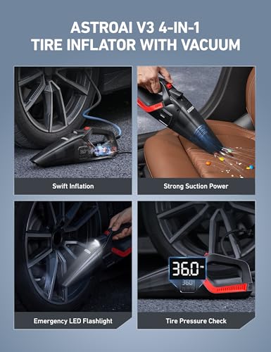 AstroAI 4-in-1 V3 12V DC High Power Handheld Car Vacuum Cleaner for Car,Home,Pet Hair Cleaning, 150 PSI 16.4FT Cord Digital Pressure Gauge & LED Light Portable Tire Inflator for Cars,Bikes,SUVs,Balls — view 2