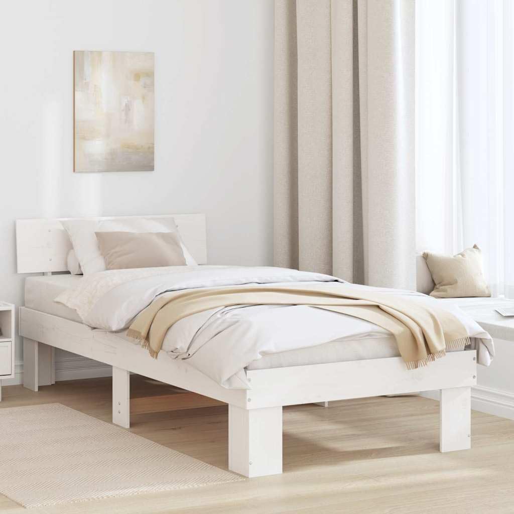 YUTAASU Bettrahmen mit Kopfteil Weiß 100 x 200 cm Massives Kiefernholz | Stabile Kiefernkonstruktion, Fester Lattenrost, Modernes Design, Einfache Pflege