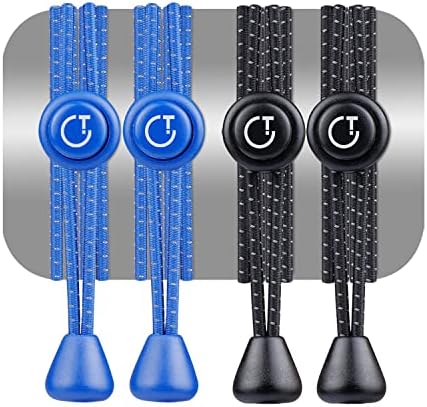 Gritin Elastic Laces, [2 Pack/Black+Blue] Reflective No Tie Elastic Lock Shoe Laces - Ultimate Comfort and Convenience for Adults, Kids, Marathon and Runners