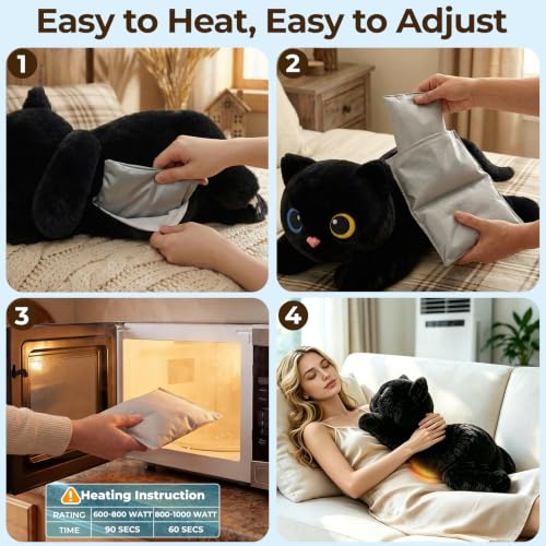 Image of Mewaii Weighted Stuffed Animals 5 lbs Adjustable, Heated & Coolable 23 Inch Plush for Realistic Hug, Microwavable Removable Inner Pad, Cat Gifts for Adults & Kids (Black)