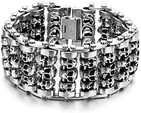 COOLSTEELANDBEYOND Heavy and Study Mens Steel Large Link Chain Motorcycle Bike Chain Bracelet with Skulls, Polished