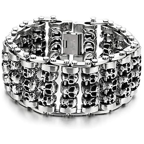 COOLSTEELANDBEYOND Heavy and Study Mens Steel Large Link Chain Motorcycle Bike Chain Bracelet with Skulls Polished Cover