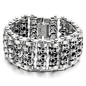 COOLSTEELANDBEYOND Heavy and Study Mens Steel Large Link Chain Motorcycle Bike Chain Bracelet with Skulls Polished