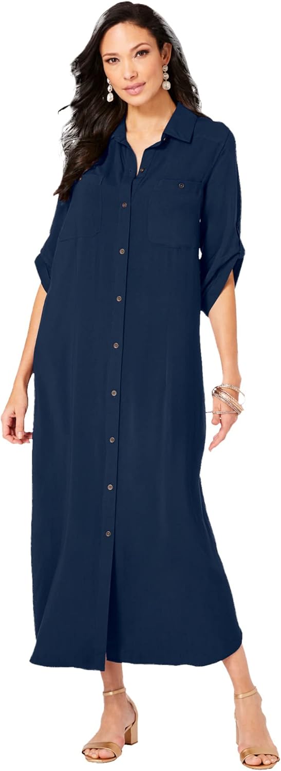 Roaman's Women's Plus Size Collared Button Front Dress