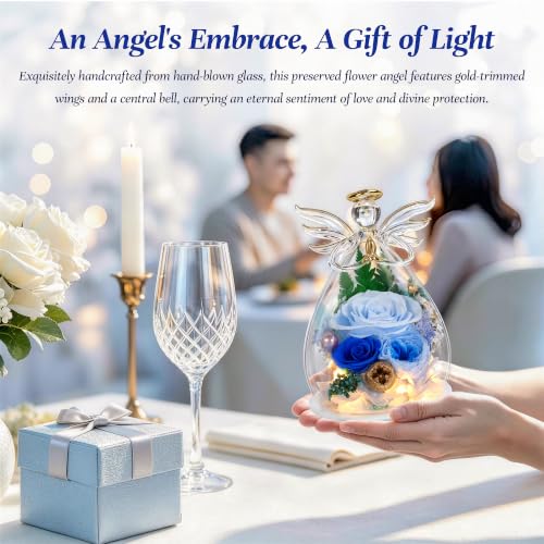 Image of encavy Birthday Gifts for Women,Fresh Flowers for Delivery,Preserved Rose Flowers in Angel Figurines,Light Up Blue Angel Real Rainbow Roses for Mom Grandma Wife Her Girlfriend Anniversary