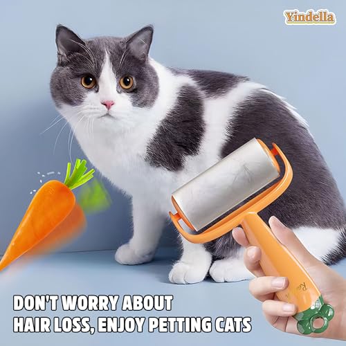 Image of Yindella Lint Remover with Carrot Handle, Protective Cover with Easy-Tear Roller for Clothes, Furniture & Carpet, Pet Fur, Dust, Dirt Removal | 55 Sheets /Roll | 16cm Wide (1 Orange Handle & 1 Roll)