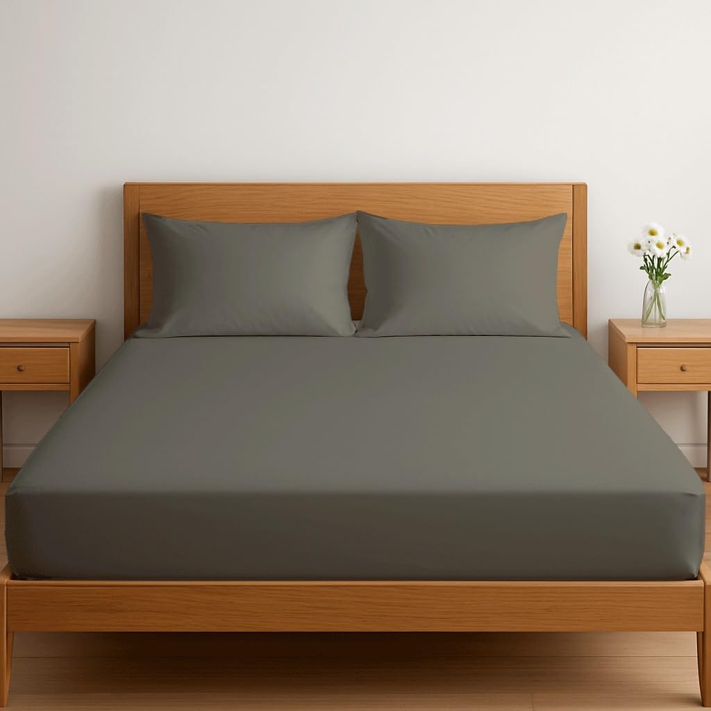 Dreema Novexa 3 Piece Egyptian Cotton Super King Fitted Sheets 400 Thread Count 3PCS Deep Fitted Sheet Set with 2 Pillowcase Hotel Quality Bed Sheet Luxury Ultra Soft Bottom Grey Fitted Bedsheets