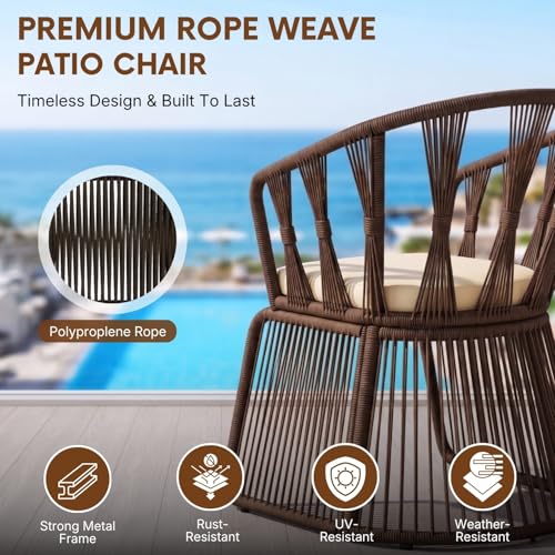 Image of DEVOKO Outdoor Rope 3-Piece Patio Furniture Set with Cushions & Glass Top Table, All-Weather Balcony Chairs Set for Garden & Lawn (Brown & Cream)