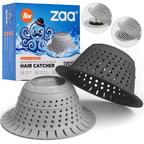 Image of zaa Bathtub Drain Hair Catcher, 2 Pack Silicone Collapsible Bathtub Drain Cover Hair Catcher & Protector for Pop-Up & Regular Drains of Shower, Bathtub, Tub, Bathroom, Sink, Gray & Black