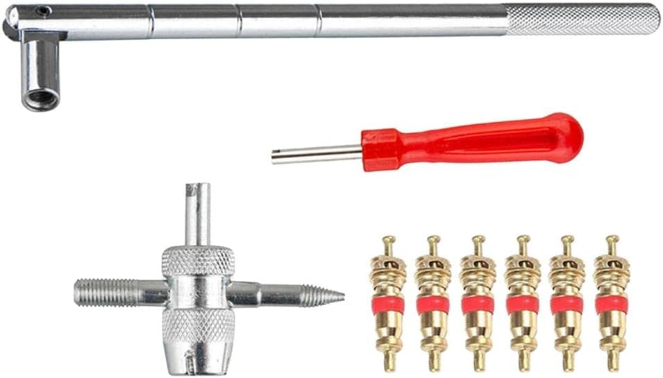 Bike Car Tire Valve Repair Kit - 6 Valve Cores and 4-Way Tool Set - Valve Core r and Stem Puller for MTB, Road Bikes - Metal Material for Easy Installation and Tire Main, 28x5cm, Golden