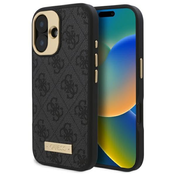 Guess 4G Logo Coque Rigide pour iPhone 16 Plus 6,7" Noir 4G Logo Plate en TPU/PC/Cuir synthétique avec Chargement sans Fil