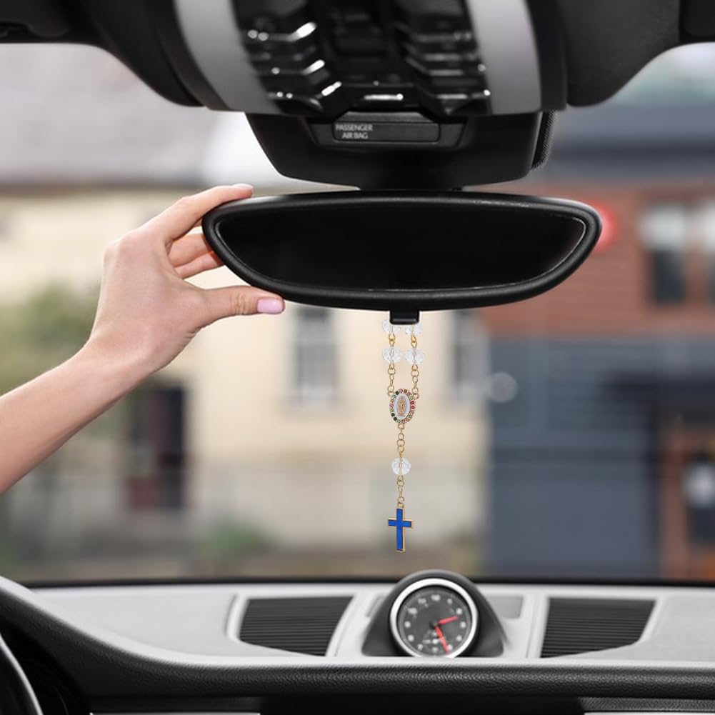 SUPERFINDINGS Rosario cruzado para espejo de coche, 6 uds colgante espejo interior de coche, adorno de aleación de esmalte, cuentas de cristal, adorno para atrapasueños, accesorios para mujeres y