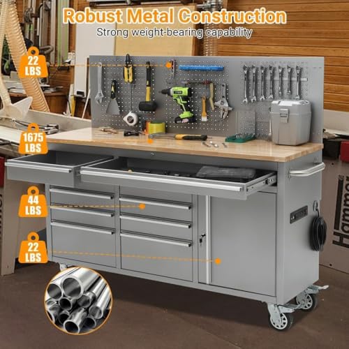 Image of 61-Inch Rolling Tool Chest, Workbench with 10 Drawers, Solid Rubber Wood Top,1675 LBS Load, Locking Storage Cabinet, Heavy-Duty Steel Frame with Wheels and Power Strip, Silver