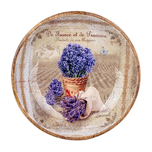 ROCKING GIFTS Plato Cuenco Grande Redondo de Madera Cubierto de Cerámica Flores Lavanda Provenza Francesa, Bol Fuente para Ensalada, Ensaladera Decoración Rústica, 30 cm