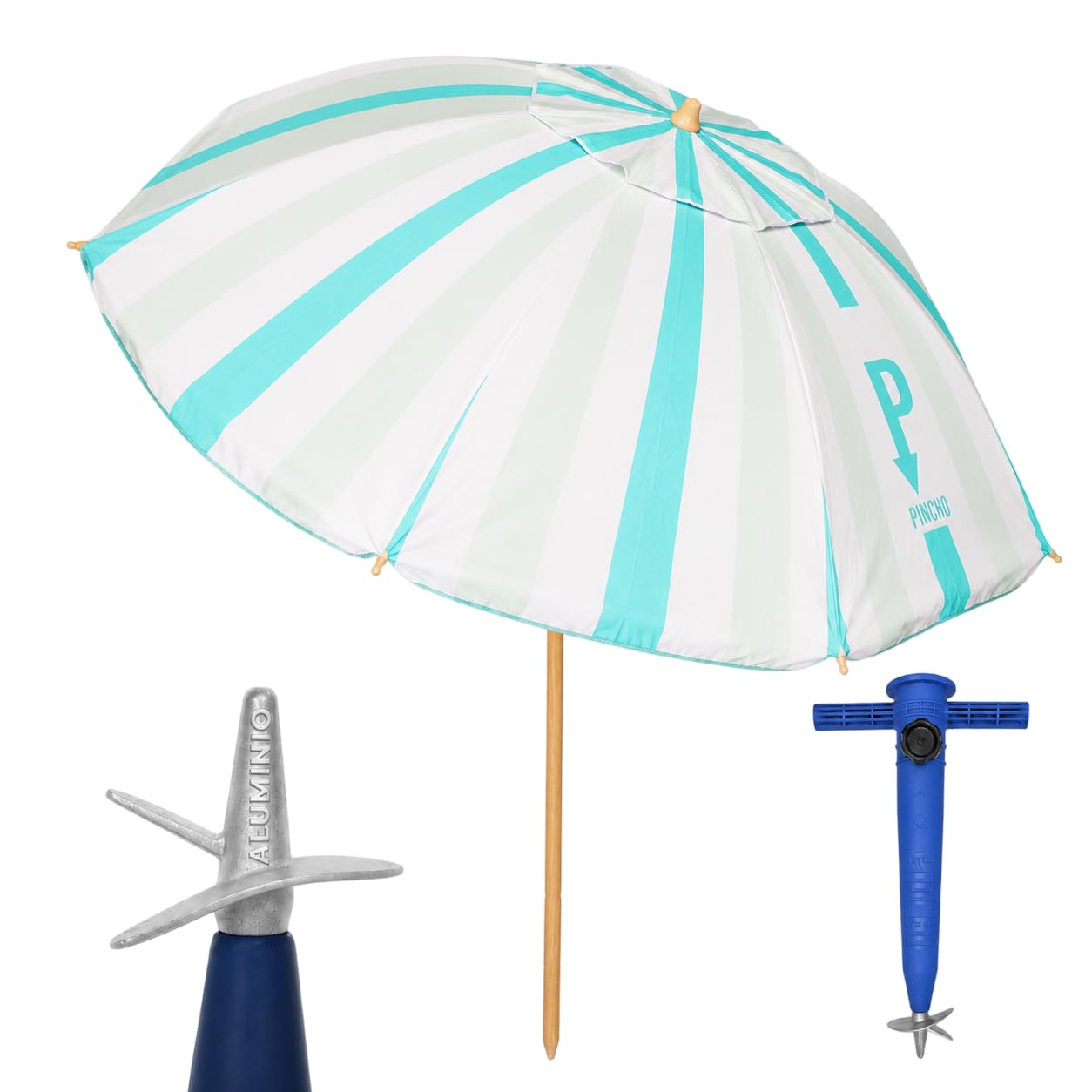 Pincho Sombrilla Playa Grande Familiar 200 cm, Sombrilla Playa Anti Viento UV50 Inclinable con Ventana, Soporte Anclaje y Bolsa Transporte, Tubo Aluminio Oxford, 8 Varillas Flexibles Fibra Vidrio