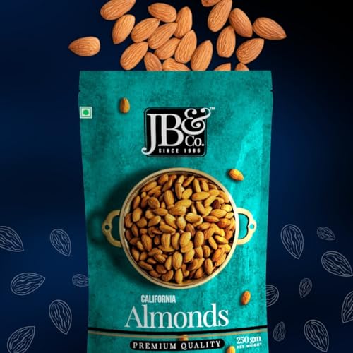 Image of JB&CO 100% Natural California Almonds 1kg, High In Fiber, Nuts & Dry Fruits Premium California almonds, ziplock pouch, Badam beej, bedana, almond kernel. Bold size, in convenient packs of 250g X 4
