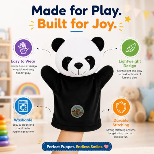 Image of Panda Hand Puppet 22 cm | Cute Black & White Animal Hand Puppet for Kids | Soft Plush Storytelling Toy | Interactive Pretend Play Puppet for Boys & Girls | Educational Learning