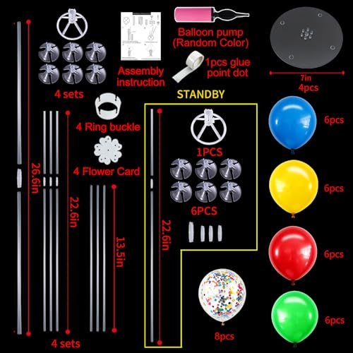 Image of TONIFUL 4 Set Red Yellow Blue Green Balloon Stand Centerpieces for Table