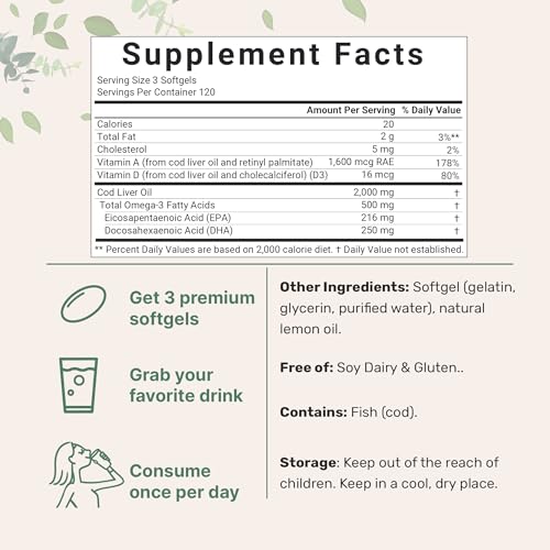 Image of Cod Liver Oil 2,000mg Per Serving, 360 Softgels | Burpless Lemon Flavored - Rich in Omega 3, Vitamins A & D3, EPA, DHA | Wild Caught Arctic Deep Sea Fish | Heart, Brain, & Immune Supplement