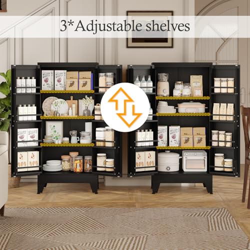 Image of White Pantry Storage Cabinet, 48 inch Kitchen Pantry with Doors and 3 Adjustable Shelves, Metal Freestanding Buffet Cupboards Sideboard, for Office, Home, Garage, School