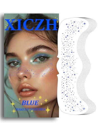 Image of XICZH Face Glitter, Temporary Face Tattoos, Face Body Glitter Makeup Patches for Women Girls, Country Concerts Singer Festival Rave Accessories (Blue)
