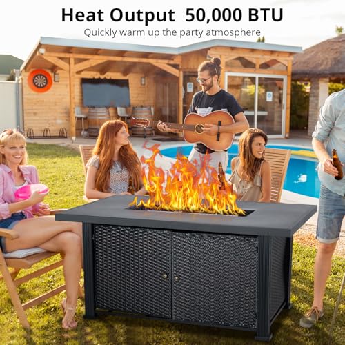 Outdoor Propane Fire Pit 52inch, PioneerWorks Propane Fire Pit Table 50000BTU Gas Fire Pit Table with Cover & Rain Cover, Rectangle Gas Firepit Table for Patio Deck Garden Backyard