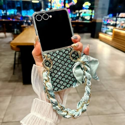 Coque Galaxy Z Flip6 rigide pailletée style écaille de poisson et dragonne soie