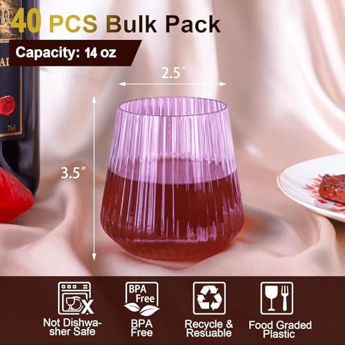 Image of Lueumxc 40 Pack Plastic Ribbed Wine Glasses, 14Oz Origami Disposable Wine Glasses Unbreakable Clear Plastic Cocktail Glasses Recyclable Shatterproof Reusable Wine Cups (14oz-purple-40pack)