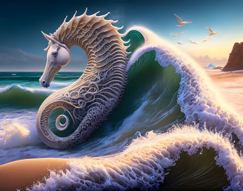 Impression sur toile vagues et hippocampes au design artistique raffiné pour bureau élégant