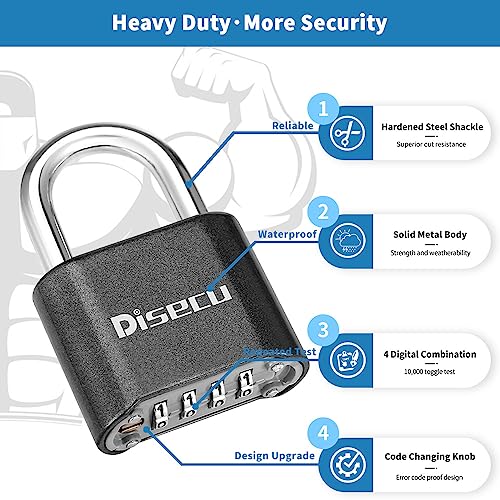 Image of 1 Pack disecu Heavy Duty 4 Digit Combination Lock, Anti-Error Feature, Outdoor Waterproof Padlock for School Gym Locker, Fence, Gate, Hasp Storage, Toolbox (Gun Black)
