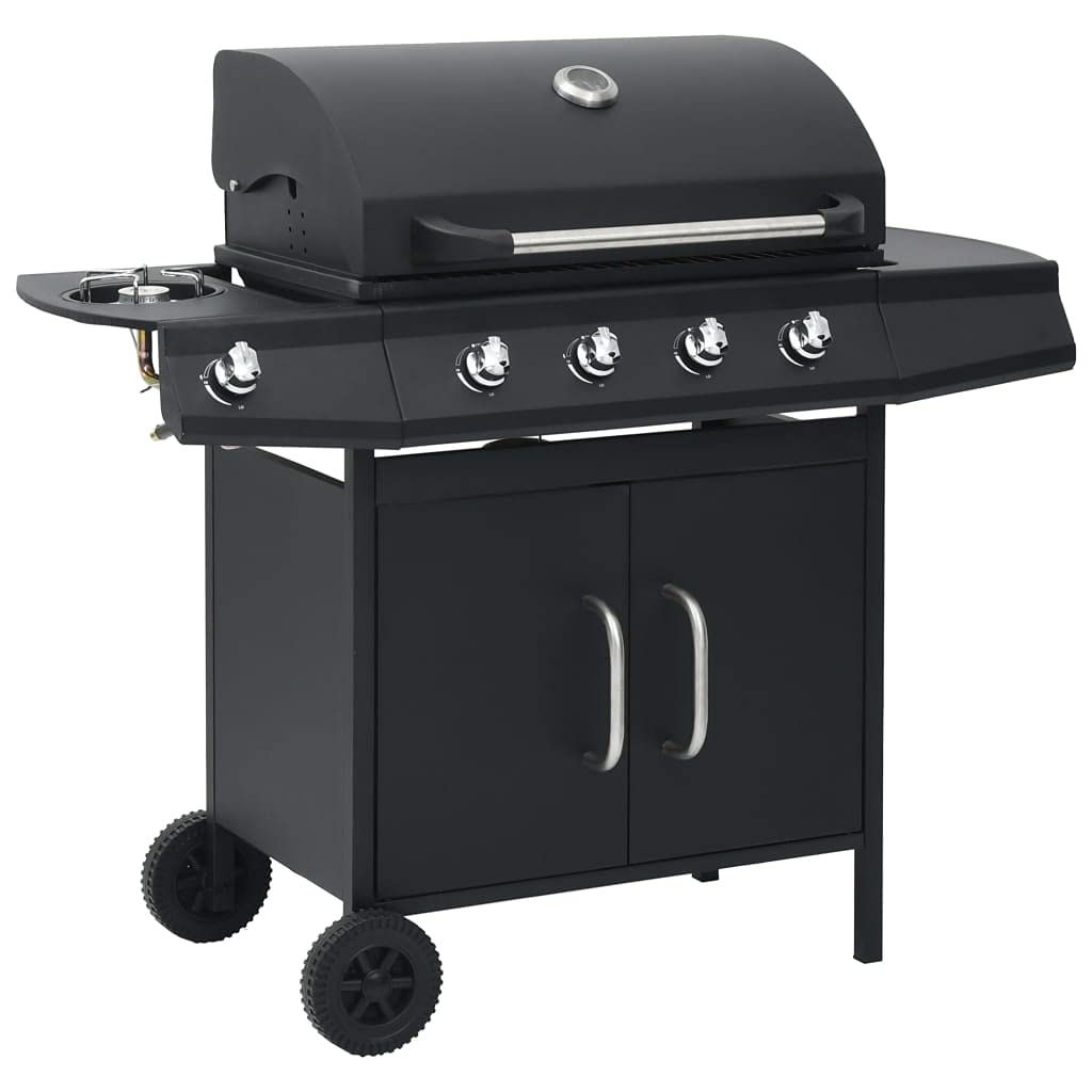Grill gazowy 4 + 1 palnik z palnikiem bocznym i szafką dolną, grill stalowy, z osłoną chroniącą przed warunkami atmosferycznymi, czarny
