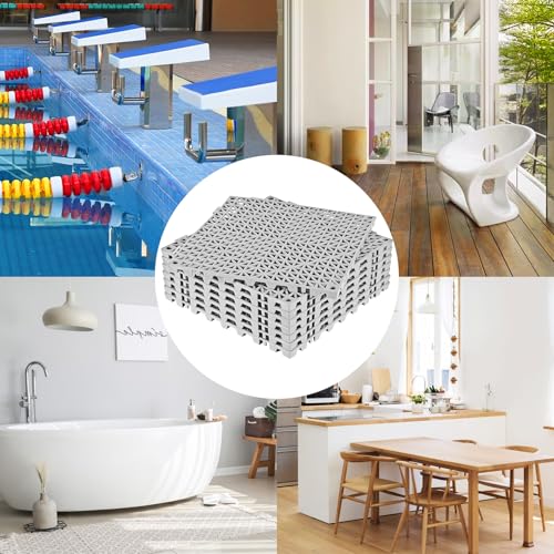 Image of ToLanbbt Modular Interlocking Cushion 8P 11.8 inch x 11.8 inch Interlocking Rubber Floor Drain Holes Non-Slip Splicing Drainage Mats for Deck, Shower, Kitchen, Drain Pool, Sauna Bath, Indoor Outdoor (Grey)