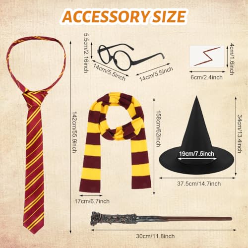 AUYAO Zauberer Kostüm Zubehör Jungen Mädchen 11Pcs Cosplay Kinder Schwarz Umhang/Mütze/Zauberstab/Gestreifte Krawatte/Gestreifter Schal/Runden Brille/Aufkleber Halloween Kostüme Accessoires Set 100CM