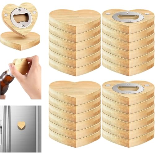 Kopinma Lot de 24 décapsuleurs magnétiques en bambou en forme de cœur - 6,35 cm - Personnalisable - Pour réfrigérateur - Pour mariage et cadeaux d'invités