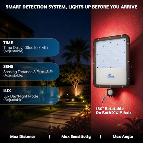 Image of Forus 150W LED Flood Light Red with Motion Sensor Auto On Off Day Night Mode Waterproof Outdoor Security Light for Garden Parking Garage Factory Warehouse Shop High Bright Floodlight 4Yr Warranty-1Pc
