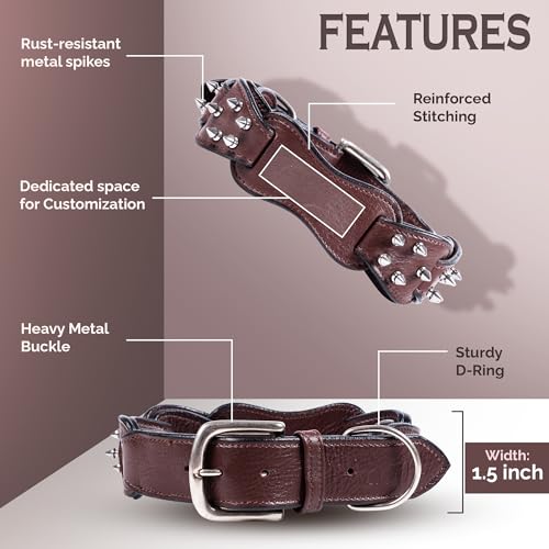 Image of Adil's Personalized Softy Leather Spiked Dog Collar- 1.5 Inch Wide Loop with Spikes Heavy Duty Soft Padded Neckbelt, Sturdy Buckle & D-Ring for Small, Medium & Large Dogs (Chestnut, S(12 inch-16 inch))