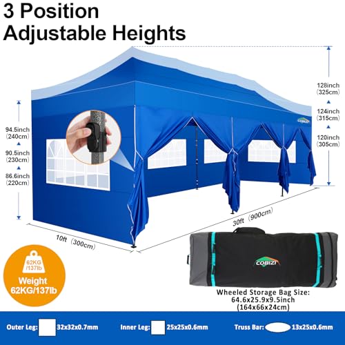 Image of COBIZI 10x30 Pop Up Canopy Tent with 8 Sidewalls,Heavy Duty Canopy,Blue