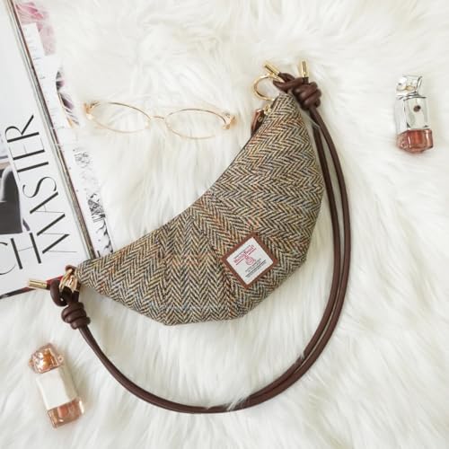 Harris Tweed Medium Crescent Bag,Adjustable Strap Crossbody Purse, Full Wool Tartan Hobo Shoulder Bag Vintage Scottish Style2