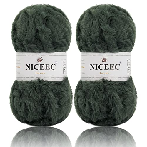 Image of NICEEC 2 Skeins Faux Fur Yarn Super Soft, Chunky & Fluffy, Eyelash Yarn for Crochet & Knitting (Total Length 70yds,3.53oz) - Olive