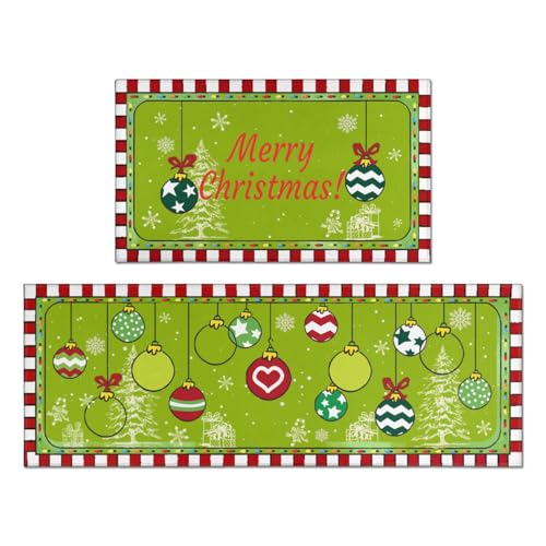 wmvhdiw Christmas Kitchen Rugs and Mats Set of 2, GreenChristmas Bathroom Rug Non Slip Cushioned Mat Runner Rug Doormat for Christmas Farmhouse Kitchen Decor,17x30+17x47inch