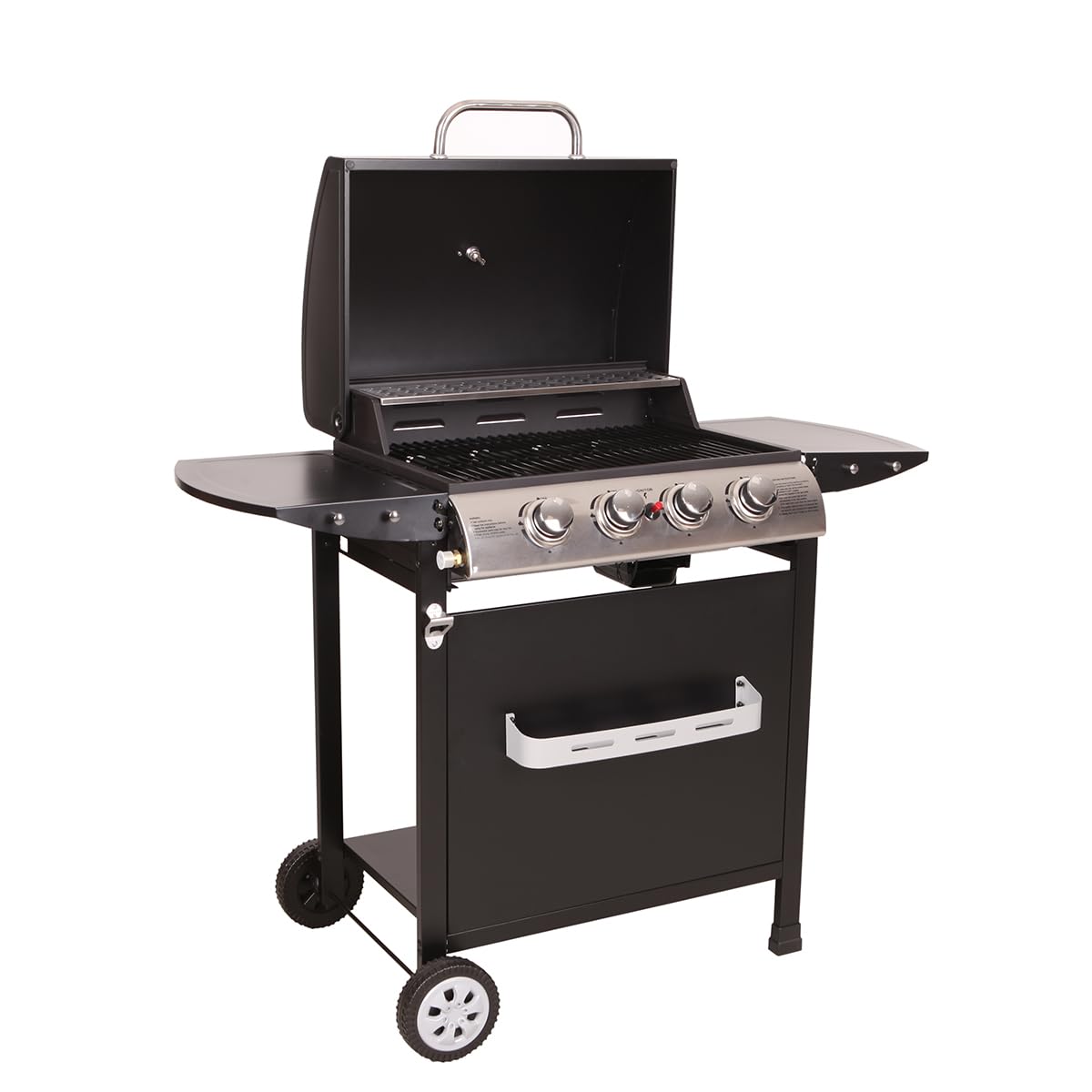 LOFOTEN - Barbecue Gaz 4 brûleurs - Puissance 12 kW - 118.5x57.5x104.5cm - Capot de fermeture avec thermomètre - 2 Grilles en acier chromé, 2 Etagères latérales, 1 Plateau bas - 2 Roues - Noir