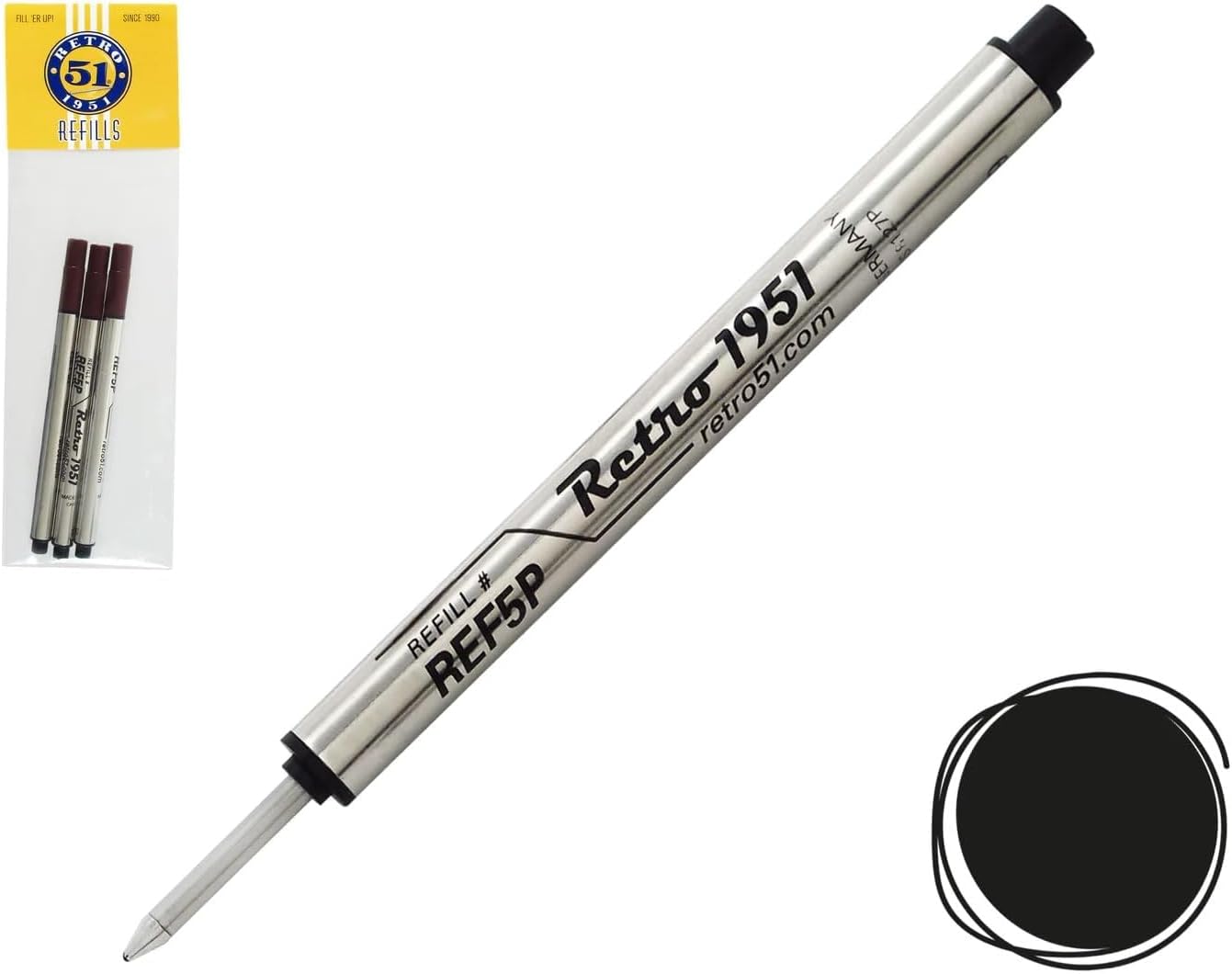 Retro 1951 Short Capless Rollerball Ink Refill, Black, 3-Pack (REF5P-B)
