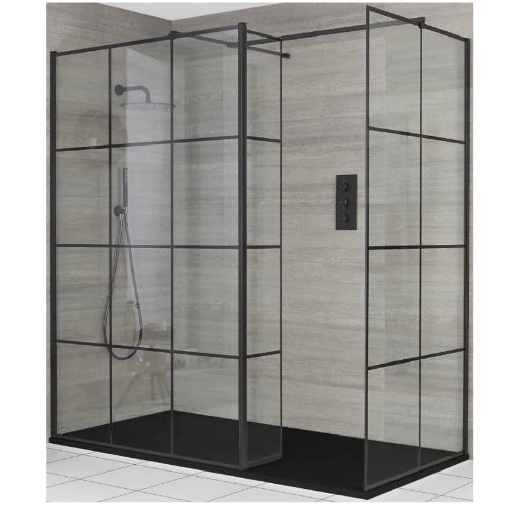 MILANO Black Grid Corner Shower Enclosure Return Graphite Tray 1500 x 900mm