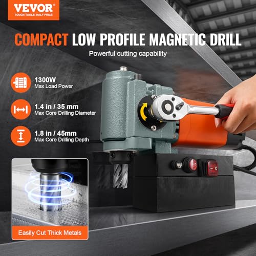 VEVOR Magnetische boormachine met laag profiel, 1300 W, magnetische kolomboormachine, boordiameter max. 35 mm, met koelapparaat en overbelastingsbeveiliging, voor constructie - Afbeelding 3