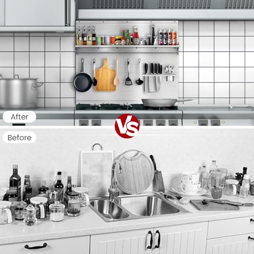 Image of 30 inchx30 inch Stainless Steel Stove Backsplash - Range Backsplash with Shelf & Knife Holder - Kitchen Wall Splash Guard with Pre-Drilled for Easy Installation & Easy Clean