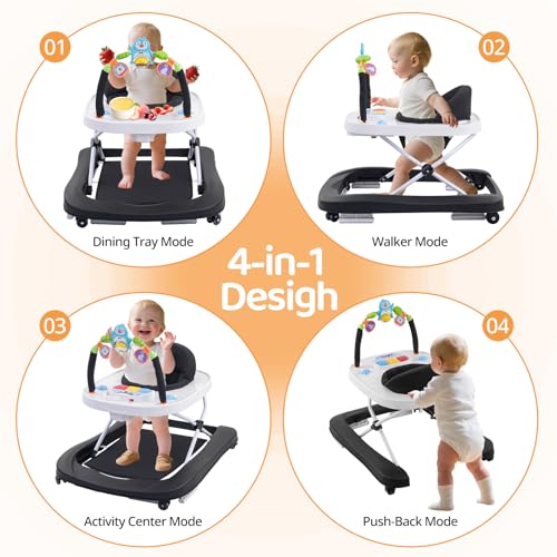 Baby Walker, Music & Removable Footrest with Toys, 3-Height Adjustable, Foldable 4-in-1 Activity Center for Infant and Toddler, Baby Walker for Baby Boy Girls 7–18 Months - Thumbnail 3
