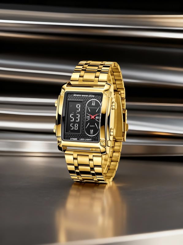 Image of Giordano Analog-Digital Quartz Watch for Men with LED Light, 3-Time Display, Date Function, 30M Water Resistance & Stainless Steel Strap
