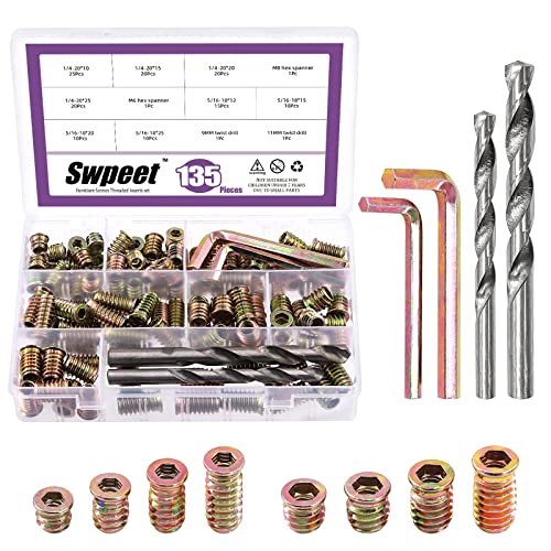 Swpeet 135Pcs Carbon Steel Color Zinc Plated Wood Inserts, M6
