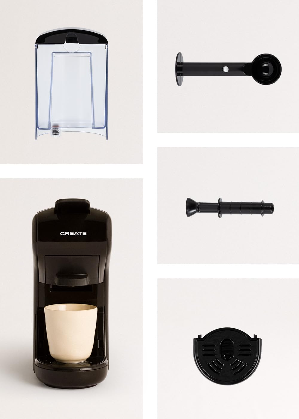Components of the CREATE /POTTS/Express coffee machine including water tank, tool, and drip tray